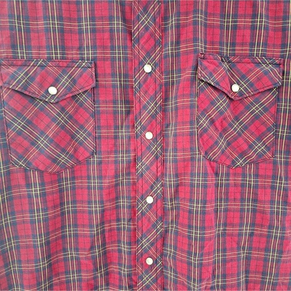 Vintage Wrangler Pearl Snap Western Shirt XL Red Plaid Cowboy Rodeo Rockabilly - Picture 5 of 13